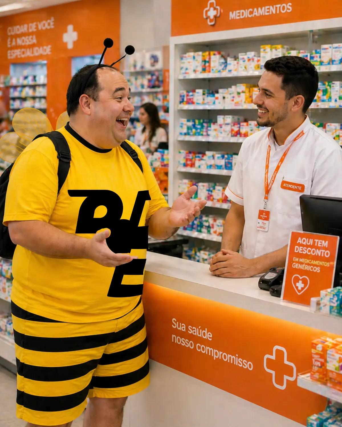 Atendente de farmácia conversando com a abelha do Go Bee Hive sobre saúde mental no trabalho